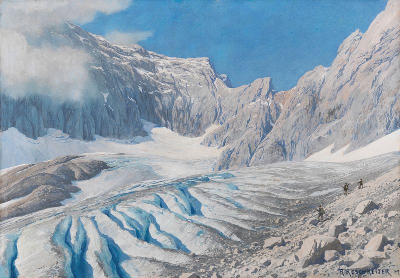 Auf dem Höllentalgletscher, oil on canvas by Rudolf Reschreiter, depicting a snowy landscape with mountains.