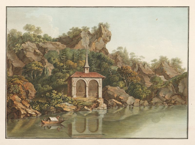Chapelle de Guillaume Tell de Caspar Wolf, óleo sobre lienzo que representa una capilla junto a un lago