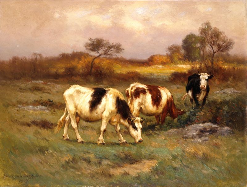 The Pasture Lot de Carleton Wiggins, óleo sobre tela que retrata uma paisagem serena com grama e luz dourada.