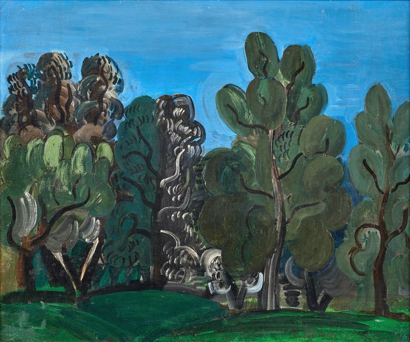 Eze de Raoul Dufy, óleo sobre lienzo que representa un paisaje costero con colores vibrantes.