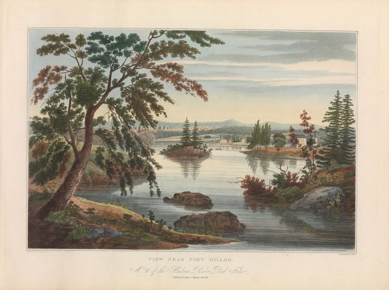 View Near Fort Miller de John Hill, óleo sobre lienzo, que representa un río tranquilo y un cielo reflejado.