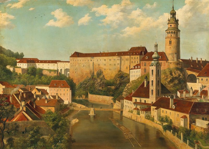 Blick auf Krumau de Moritz Stifter, óleo sobre lienzo que representa un paisaje sereno con colinas y un pueblo.