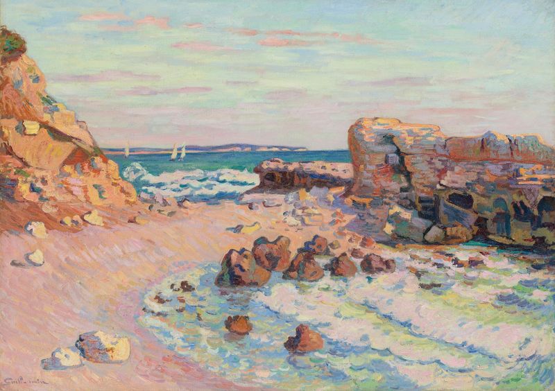 Paisagem marinha com ondas e luz de Armand Guillaumin, óleo