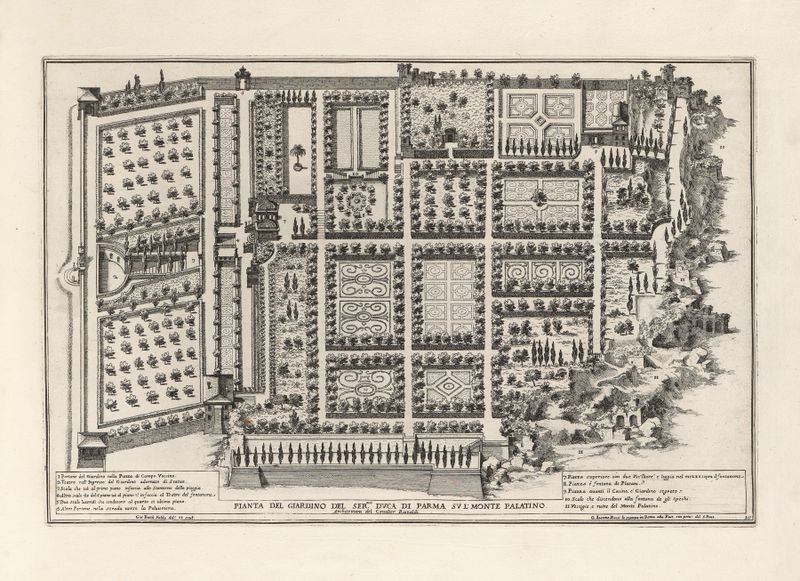 Engraving by Giovanni Battista Falda depicting lush gardens and architecture