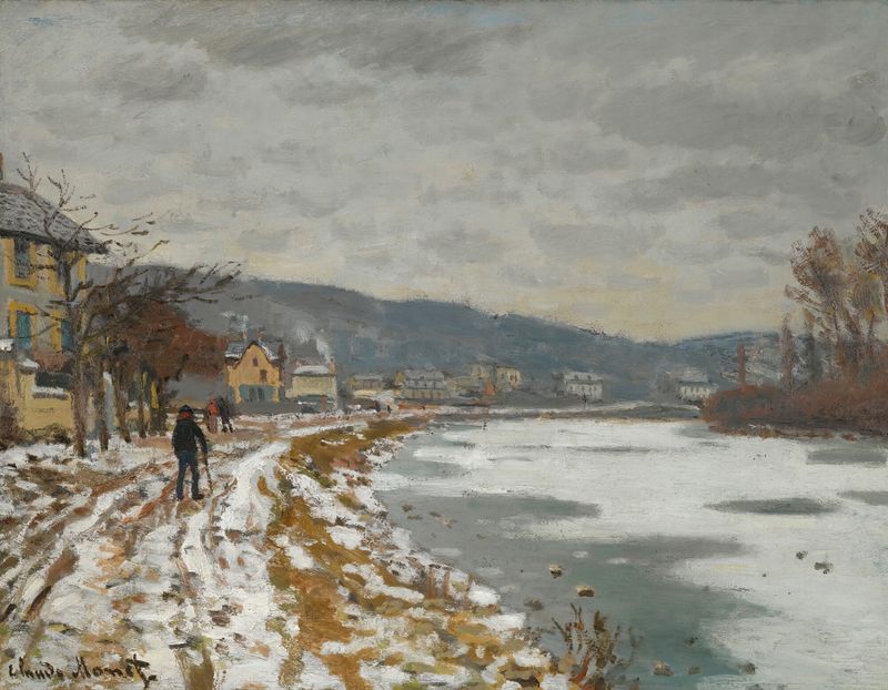 La Seine À Bougival de Claude Monet, pintura al óleo que representa un paisaje fluvial con barcos y reflejos.