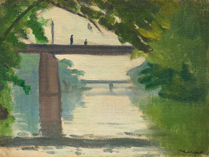 Silhouettes sur un pont de la Marne, óleo sobre tela de Albert Marquet mostrando figuras em uma ponte ao entardecer.