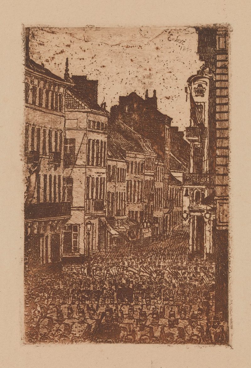 The Music in the rue de Flandre, Ostend by James Ensor, oil on canvas with masked figures celebrating.