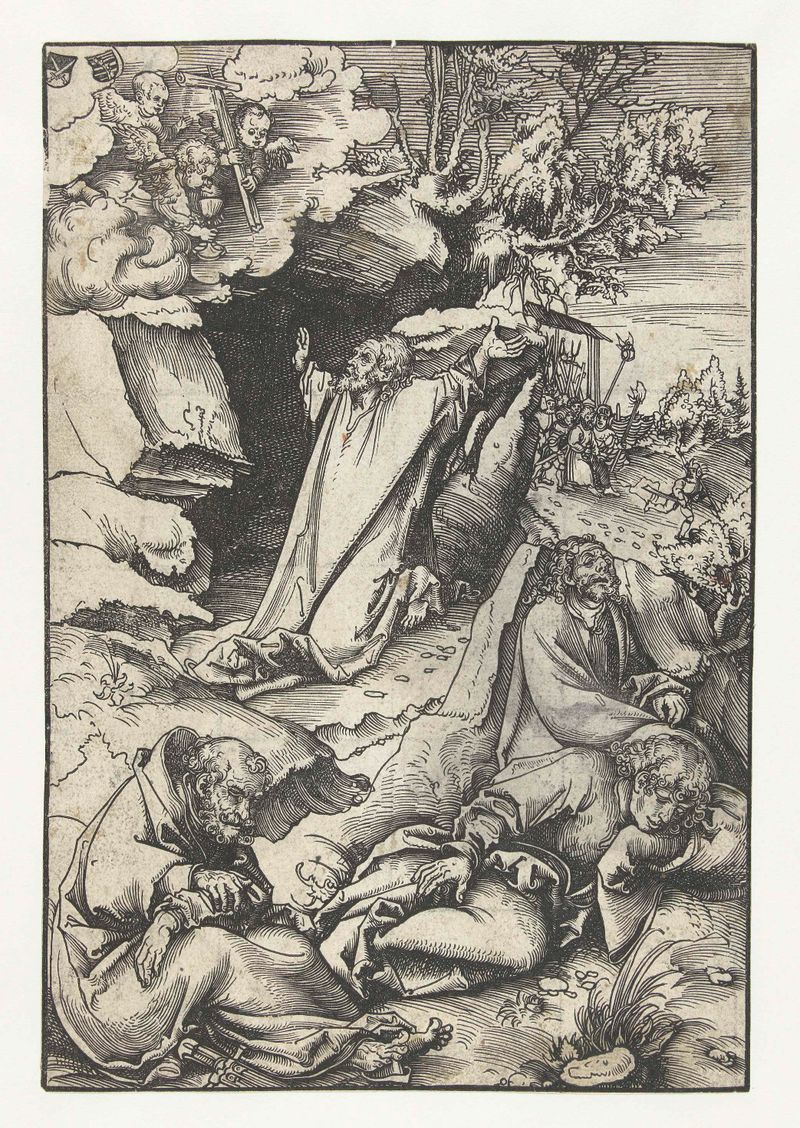 Escena religiosa con una figura arrodillada bajo un olivo, papel de Lucas Cranach