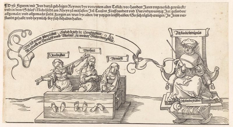 Albrecht Dürer etching of allegorical figures representing justice and truth on paper.