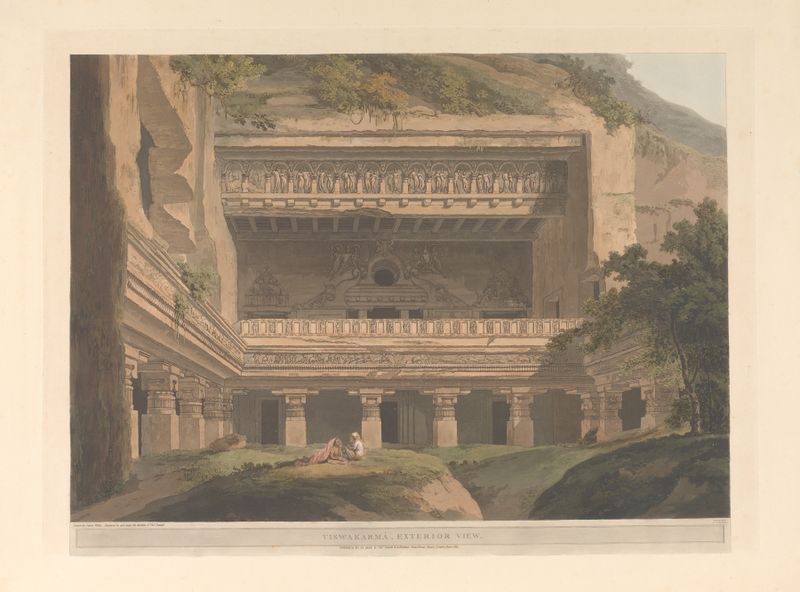 Gravura de Thomas Daniell mostrando montanhas tranquilas envoltas em névoa.