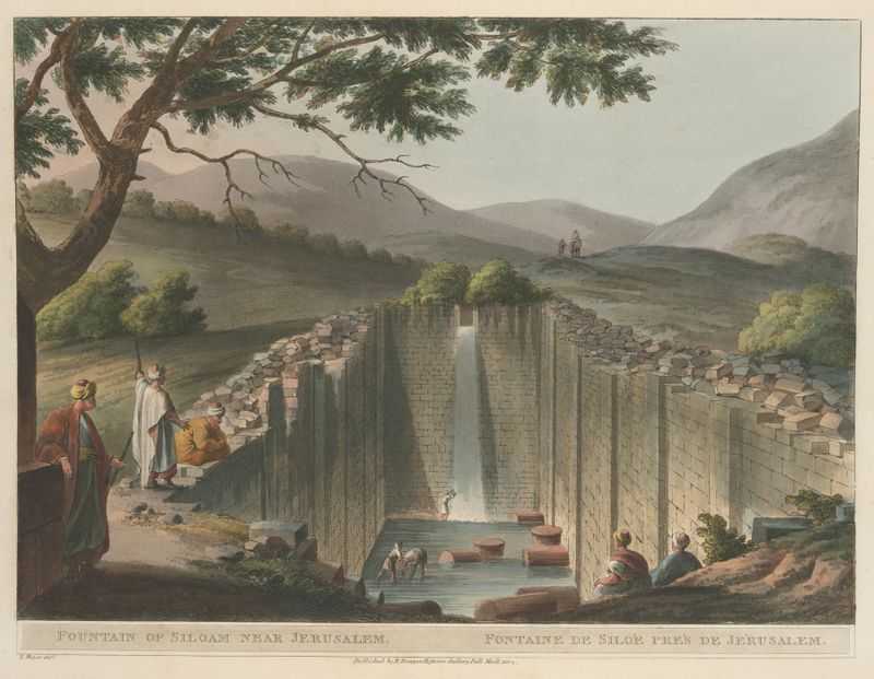 Fountain of Siloam Near Jerusalem, watercolor on paper by Luigi Mayer, featuring a fountain and lush greenery.