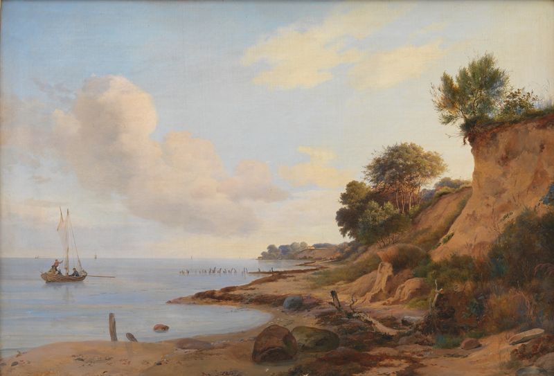 Escena marina con suaves olas y playa de arena, pintura al óleo de Anders Christian Lunde