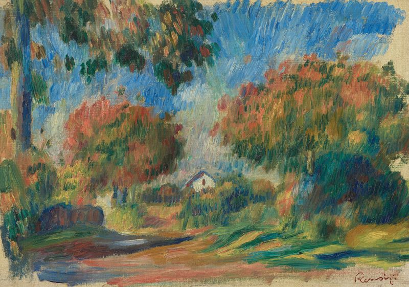 Paisagem com uma casa banhada pela luz do sol, pintura a óleo de Pierre-Auguste Renoir