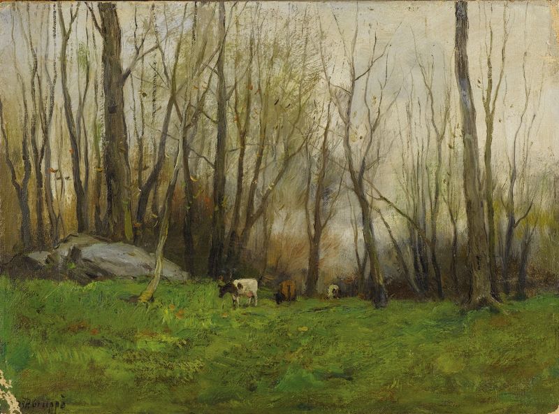 Pasture in the Bronx by Charles Paul Gruppe, Impressionism, depicts sunlight on grass and urban landscape.