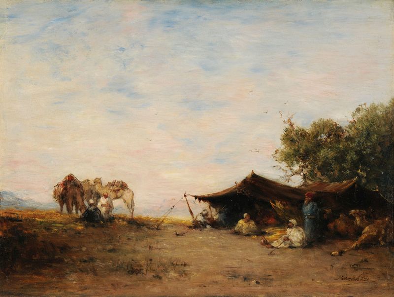 Landscape oil painting by Narcisse Berchère featuring vibrant hues and dynamic movement.