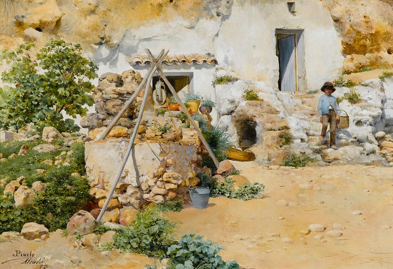 Un joven en el pozo, óleo sobre lienzo de José Pinelo Llull