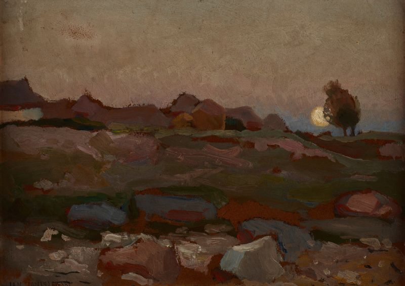 Moon over the Rocks de Jan Stanisławski, óleo sobre lienzo que representa un paisaje al atardecer con luz de luna.