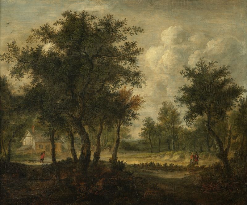 Landscape with figures de Meindert Hobbema, pintura a óleo que retrata figuras em um campo dourado sob a luz do sol