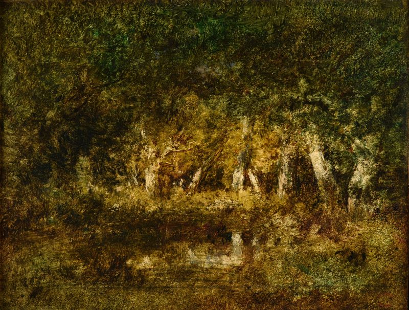 Pintura a óleo de Narcisse-Virgile Diaz de La Peña mostrando uma cena tranquila da floresta.