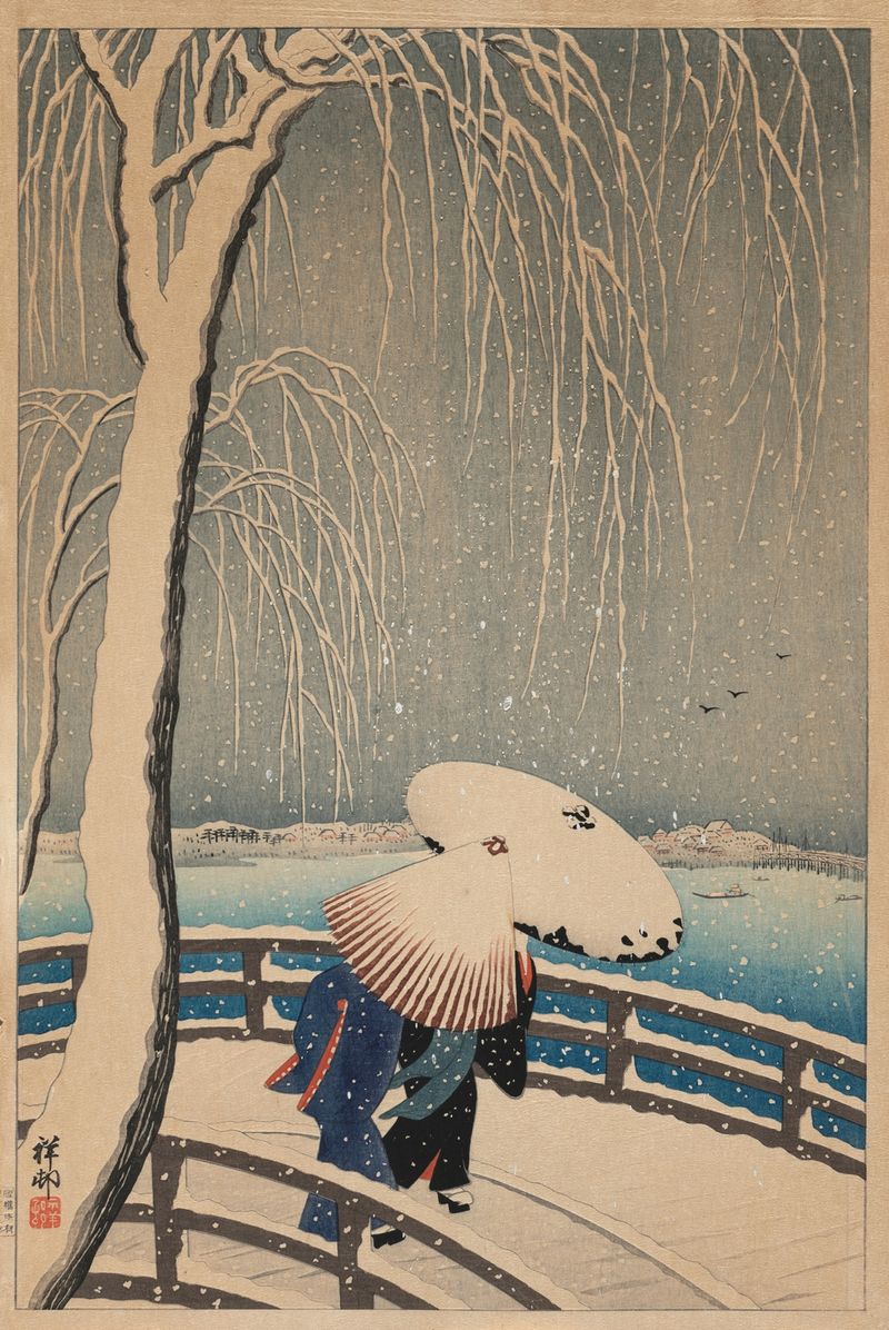 Woodblock print by Ohara Koson featuring colorful umbrellas in a snowy landscape