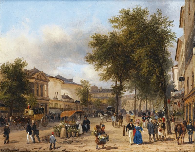 Urban scene of the Théâtre des Variétés in Paris by Giuseppe Canella, oil painting