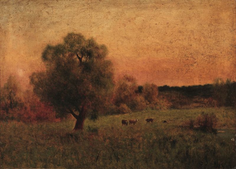Vacas em um campo, pintura a óleo de George Inness