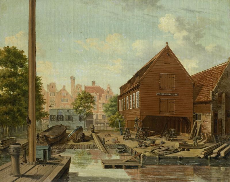 Escena marina de un astillero con trabajadores de Pieter Godfried Bertichen, pintura al óleo, 1823