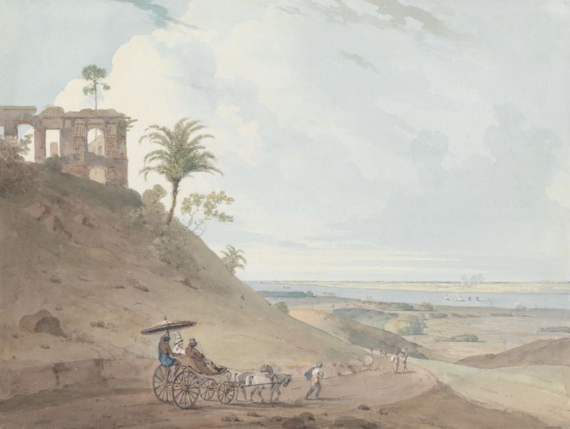 Ruins on Pir Pahar, near Monghy, Bihar by William Daniell, oil painting depicting crumbling structures and lush greenery.