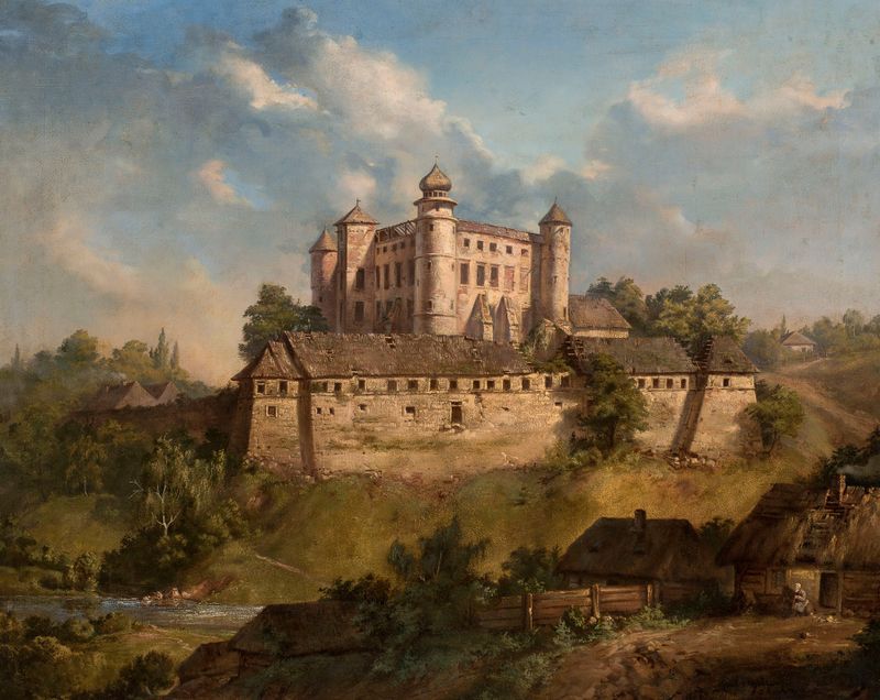 Castillo en Wiśnicz de Andrzej Bronisław Grabowski, Romanticismo, que representa una fortaleza contra nubes turbulentas.