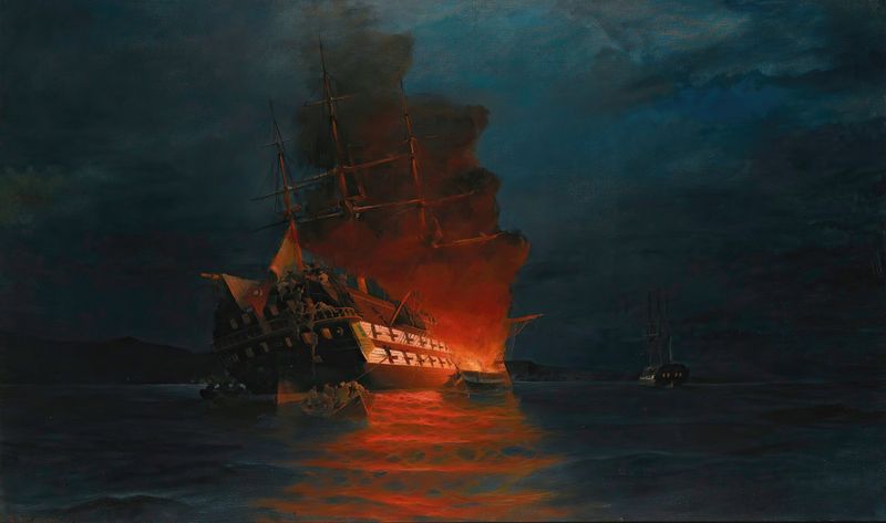 Burning of a Turkish flagship by Konstantinos Volanakis, oil painting showing a ship engulfed in flames.