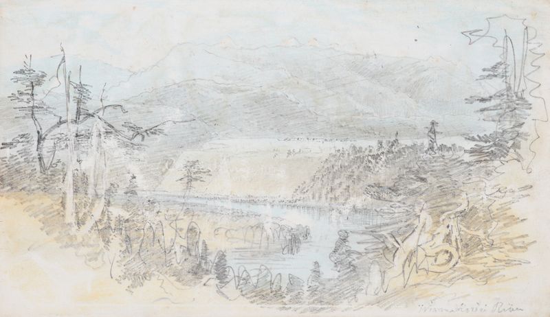 Waimakariri River de Nicholas Chevalier, pintura al óleo que representa un paisaje tranquilo con agua fluyendo.