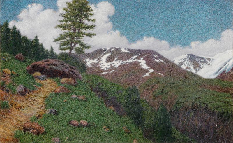 Árvores de lariço em uma paisagem serena de Angelo Morbelli, pintura a óleo.