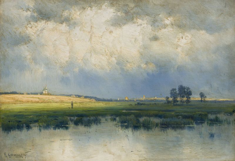 Paisagem de Konstanty J. Kryżycki, retratando colinas suaves e flores silvestres em um cenário sereno.
