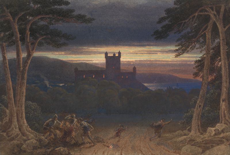 The Murder of Banquo, oil painting by George Fennell Robson, depicting a tense historical scene.