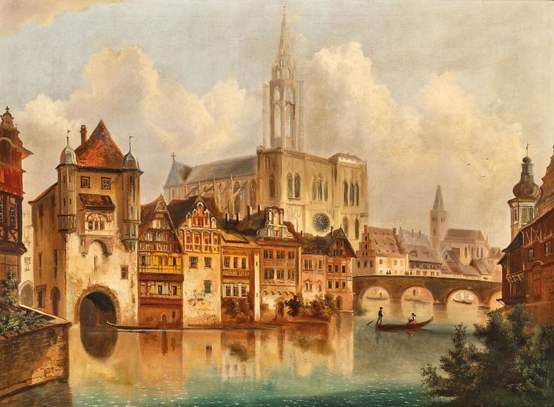 Uma cena de canal com a Catedral de Estrasburgo, óleo sobre tela de Ferdinand Lepie