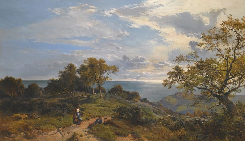 A Peep At The Sea, óleo sobre tela de Sidney Richard Percy, retratando uma paisagem tranquila com nuvens e folhagem.