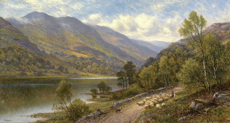 Lyn Gwynant by Alfred Augustus Glendening, oil on canvas depicting a river in a lush valley.