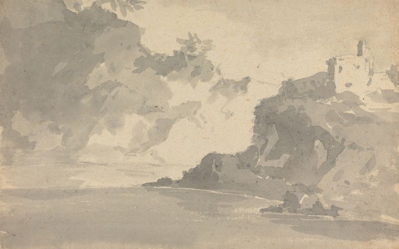 Sketch with a Castle on a Mountaintop de William Gilpin, retratando um castelo em uma montanha cercado por nuvens.