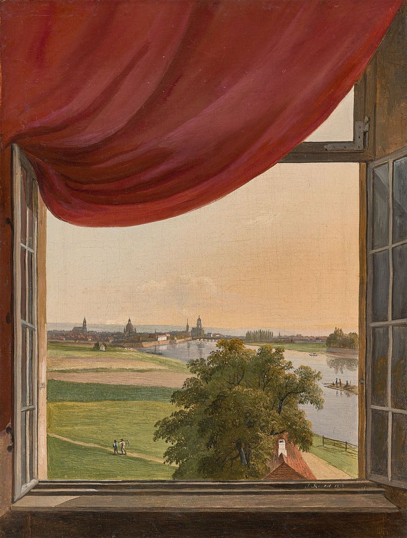 Pintura al óleo de paisaje de Julius Kaskel que muestra una vista desde la ventana de Dresde.