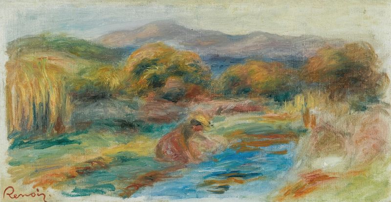 Laveuse Dans Un Paysage de Pierre-Auguste Renoir, óleo de uma lavadeira ao lado de um rio