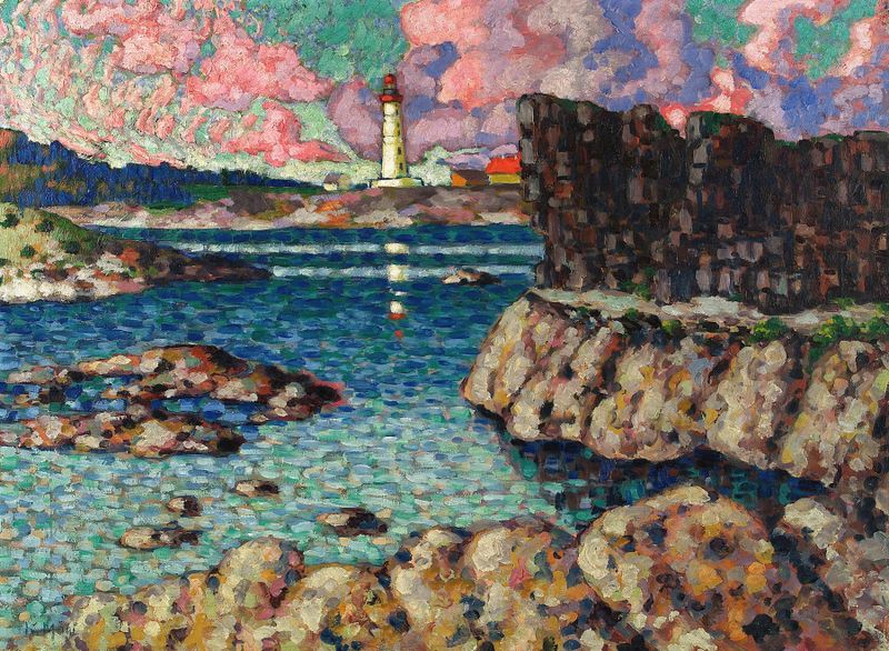 Vilsandi maastik de Konrad Mägi, óleo que representa un paisaje vibrante con hierba y cielo.