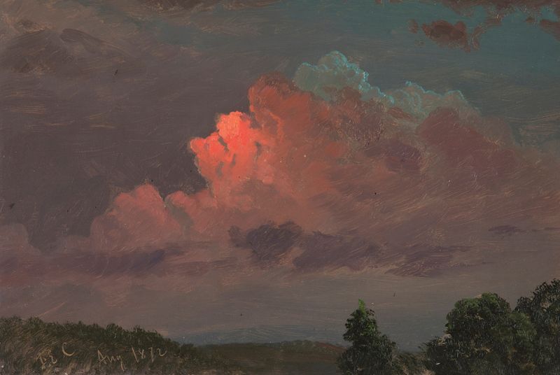 Nightfall near Olana de Frederic Edwin Church, pintura a óleo que retrata uma paisagem ao crepúsculo.