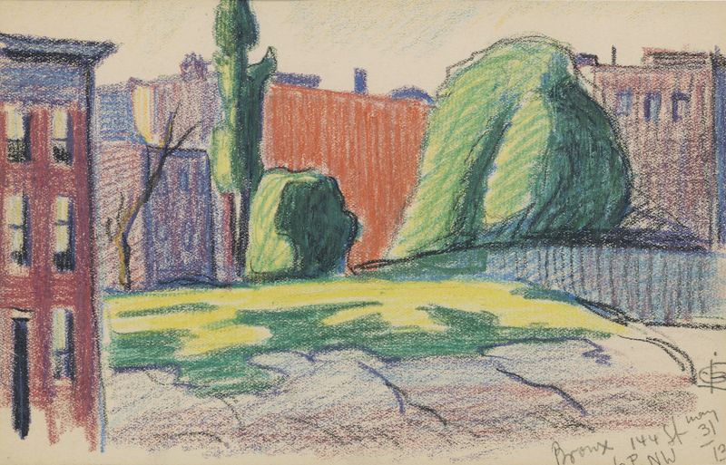 Bronx, 144 St. by Oscar Bluemner, oil on canvas depicting a rugged building with light and shadow.