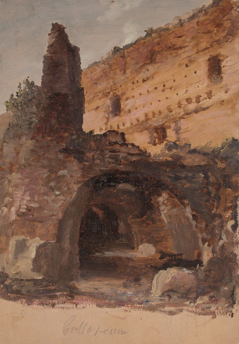 El Coliseo de Thomas Cole, pintura al óleo, ruinas iluminadas con luz solar.