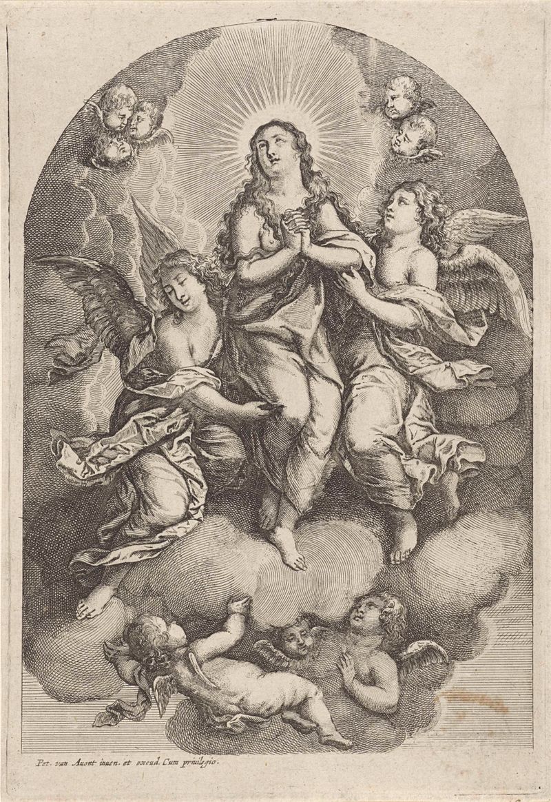Grabado de Wenceslaus Hollar que representa a la Virgen María ascendiendo con luz divina.