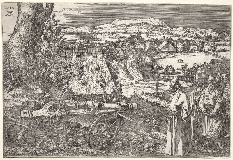Landscape with the Cannon gravura de Albrecht Dürer com colinas onduladas e montanhas distantes.