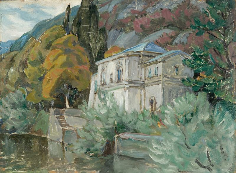 Pintura al óleo de Anna Boberg que representa Lago di Como con reflejos de luz
