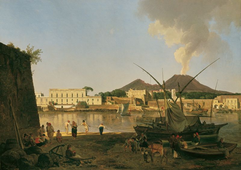 Landscape oil painting by Joseph Rebell showing a harbor with Vesuvius in the background