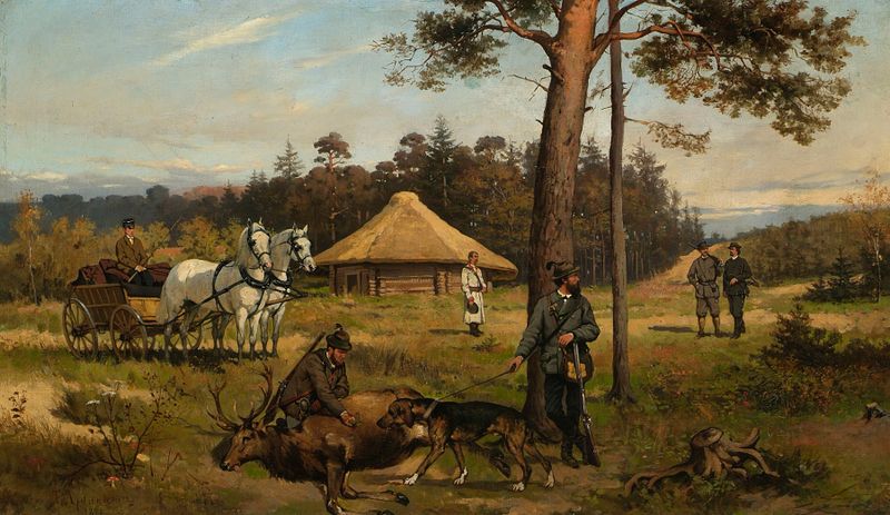 After Hunting for a Deer, pintura al óleo de Tadeusz Ajdukiewicz que muestra a un cazador contemplativo en un bosque.