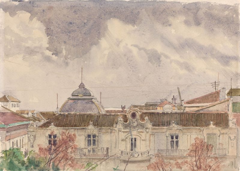 Palacio de Belvedere en óleo sobre lienzo de Rudolf von Alt, enmarcado por flores y luz solar.